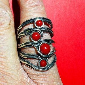 Vintage 925 sterling silver ring red coral stone